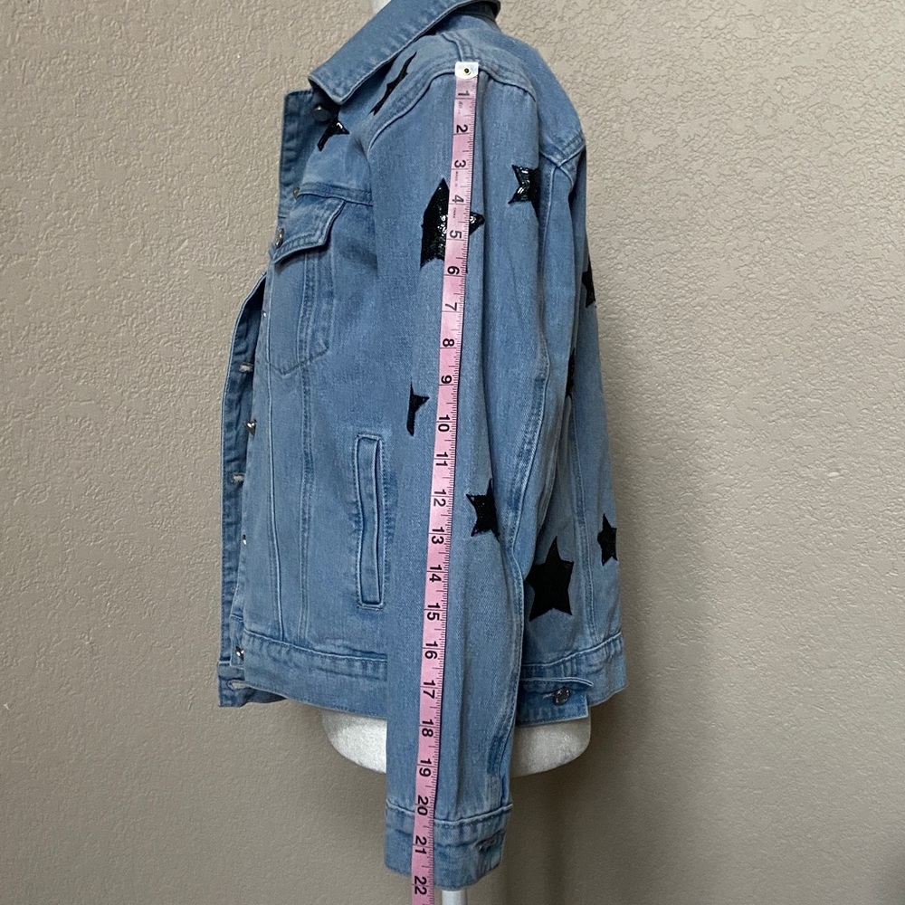 Sale! Nasty Gal Blue Denim Jacket with Black Sequin Stars. US Size 6 - Picture 10 of 17